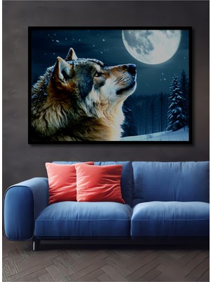 Çerçeve Görünümlü Dolunayda Uluyan Kurt Yağlı Boya Görünümlü Dekoratif Ahşap Işyeri/ofis Kare Tablo