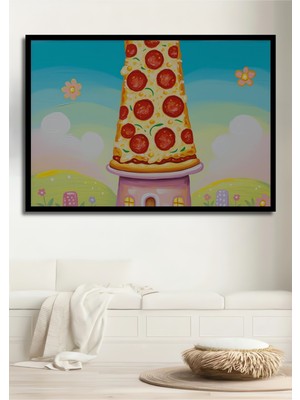 Çerçeve Görünümlü Gökyüzünde Yükselen Pizza Kulesi Yağlı Boya Görünümlü Ahşap Ofis Kare Tablo
