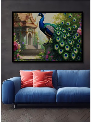 Çerçeve Görünümlü Rüya Gibi Tavus Kuşu Bahçesi Yağlı Boya Görünümlü Dekoratif Ahşap Ofis Kare Tablo