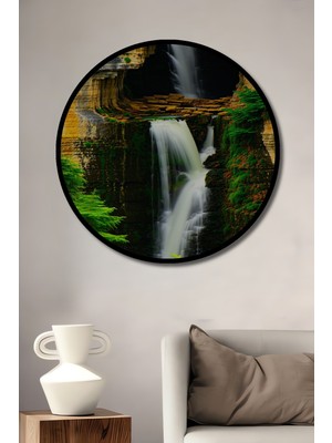 Çerçeve Görünümlü Doğa Harikası Şelale Yağlı Boya Görünümlü Dekoratif Ahşap Ofis Yuvarlak Tablo