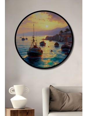Çerçeve Görünümlü Gün Batımı Limanı Yağlı Boya Görünümlü Dekoratif Ahşap Işyeri/ofis Yuvarlak Tablo