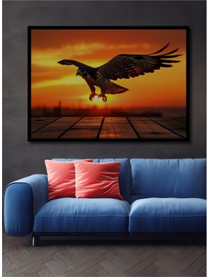 Çerçeve Görünümlü Güneş Batarken Hünerli Şahin Yağlı Boya Görünümlü Dekoratif Ahşap Ofis Kare Tablo