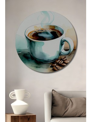 Sulu Boya Görünümlü Kahve Keyfi Dekoratif Ahşap Ev/işyeri/ofis Yuvarlak Tablo