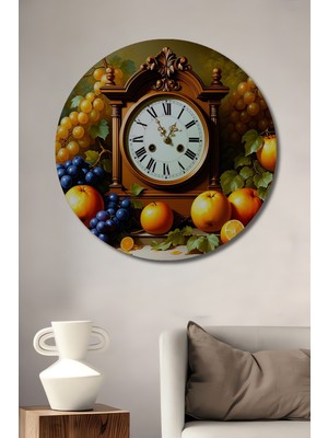 Meyve Şöleni ve Nostaljik Saat Yağlı Boya Görünümlü Dekoratif Ahşap Ev/işyeri/ofis Yuvarlak Tablo