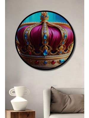 Çerçeve Görünümlü Göz Kamaştıran Mücevherli Taç Yağlı Boya Görünümlü Ahşap Ofis Yuvarlak Tablo