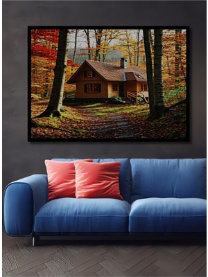 Çerçeve Görünümlü Sonbahar Ormanında Dekoratif Ahşap Ev Yağlı Boya Görünümlü Işyeri/ofis Kare Tablo