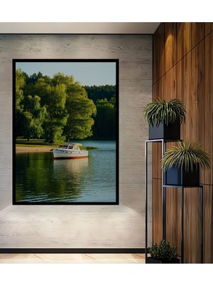 Çerçeve Görünümlü Huzurlu Göl Kenarı Tekne Manzarası Dekoratif Ahşap Ev/işyeri/ofis Kare Tablo