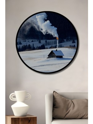 Çerçeve Görünümlü Kar Manzaralı Dekoratif Ahşap Ev ve Duman Ev/işyeri/ofis Yuvarlak Tablosu