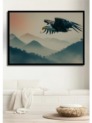 Çerçeve Görünümlü Uçan Kartal Dağ Manzarası Sulu Boya Görünümlü Dekoratif Ahşap Ofis Kare Tablo