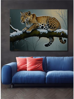 Kar Leoparı Karda Yağlı Boya Görünümlü Ev/işyeri/ofis Dekoratif Ahşap Kare Tablo