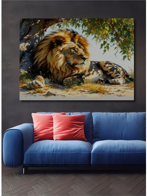 Ağaç Altında Yağlı Boya Görünümlü Aslan Ev/işyeri/ofis Dekoratif Ahşap Kare Tablosu