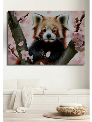 Kiraz Çiçekleri Arasında Kızıl Panda Yağlı Boya Görünümlü Dekoratif Ahşap Ev/işyeri/ofis Kare Tablo