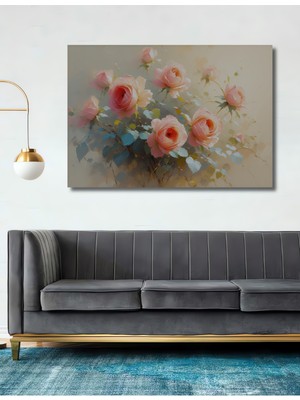 Romantik Pembe Güller Yağlı Boya Görünümlü Dekoratif Ahşap Ev/işyeri/ofis Kare Tablo