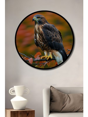 Çerçeve Görünümlü Yağlı Boya Görünümlü Şahin ve Sonbahar Yaprakları Ofis Ahşap Yuvarlak Tablosu