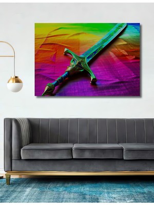 Gökkuşağı Zemin Üzerinde Fantastik Kılıç Yağlı Boya Görünümlü Dekoratif Ahşap Ev/işyeri/ofis Tablo