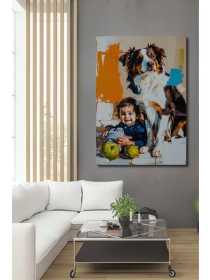Sevimli Çocuk ve Köpek Dostluğu Yağlı Boya Görünümlü Ev/işyeri/ofis Dekoratif Ahşap Kare Tablo