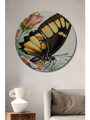 Pembe Zambaklı Kelebek Sulu Boya Görünümlü Dekoratif Ahşap Ev/işyeri/ofis Yuvarlak Tablo
