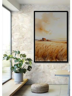 Çerçeve Görünümlü Altın Başaklar Sulu Boya Görünümlü Dekoratif Ahşap Ev/işyeri/ofis Kare Tablo
