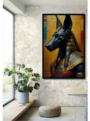 Çerçeve Görünümlü Mısır Tanrısı Anubis Yağlı Boya Görünümlü Dekoratif Ahşap Işyeri/ofis Kare Tablo
