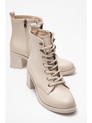Kadın Topuklu Kancalı Bağcıklı Bot Bej Cilt