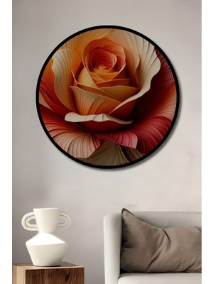 Çerçeve Görünümlü Krem ve Kırmızı Tonlarda Yağlı Boya Görünümlü Gül Ahşap Ofis Yuvarlak Tablo