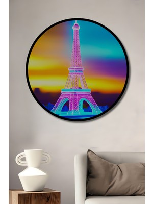 Çerçeve Görünümlü Neon Işıklar Altında Eyfel Kulesi Sanat Ofis Dekoratif Ahşap Yuvarlak Tablosu
