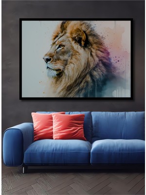 Çerçeve Görünümlü Sulu Boya Görünümlü Aslan Portre Sanatı Ofis/salon Ahşap Dekoratif Kare Tablo