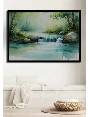 Çerçeve Görünümlü Sakin Nehir Sulu Boya Görünümlü Dekoratif Ahşap Ev/işyeri/ofis Kare Tablo