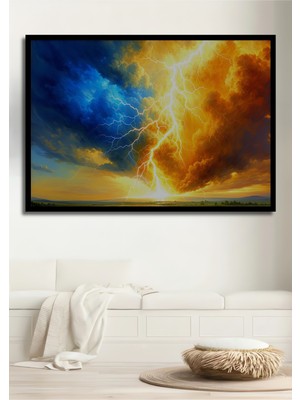 Çerçeve Görünümlü Gökyüzü Fırtınası Yağlı Boya Görünümlü Dekoratif Ahşap Ev/işyeri/ofis Kare Tablo