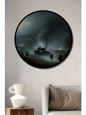 Çerçeve Görünümlü Tank Hücumu Yağlı Boya Görünümlü Dekoratif Ahşap Ev/işyeri/ofis Yuvarlak Tablo