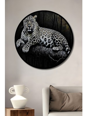 Çerçeve Görünümlü Orman Esintili Leopar Yağlı Boya Görünümlü Dekoratif Ahşap Ofis Yuvarlak Tablo