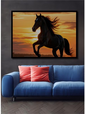 Çerçeve Görünümlü Gün Batımı Asaleti Yağlı Boya Görünümlü At Işyeri/ofis Dekoratif Ahşap Kare Tablo