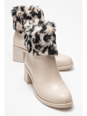 Kadın Topuklu Kürklü Boğazlı Bot Bej Cilt