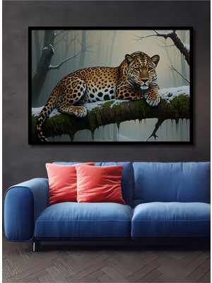 Çerçeve Görünümlü Ormanda Yatan Jaguar Yağlı Boya Görünümlü Dekoratif Ahşap Işyeri/ofis Kare Tablo