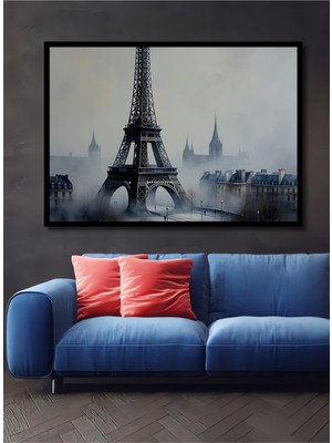 Çerçeve Görünümlü Sisli Paris Eyfel Kulesi Sulu Boya Görünümlü Dekoratif Ahşap Ofis Kare Tablo