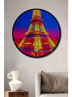 Çerçeve Görünümlü Neon Işıklar Altında Eyfel Kulesi Yağlı Boya Görünümlü Dekoratif Ahşap Ofis Tablo