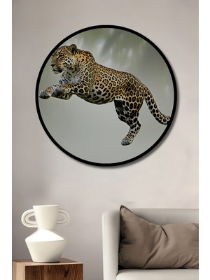 Çerçeve Görünümlü Atlayan Jaguar Yağlı Boya Görünümlü Dekoratif Ahşap Ev/işyeri/ofis Yuvarlak Tablo