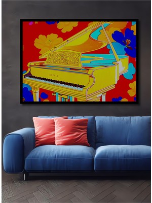 Çerçeve Görünümlü Çiçekler Arasında Sarı Piyano Pop Art Yağlı Boya Görünümlü Ahşap Ofis Tablo