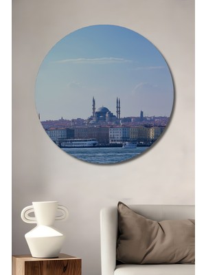 Istanbul Panorama Yağlı Boya Görünümlü Dekoratif Ahşap Ev/işyeri/ofis Yuvarlak Tablo