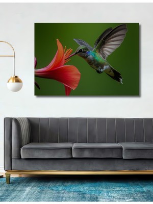 Sulu Boya Görünümlü Kolibri Kuşu ve Çiçek Aşkı Dekoratif Ahşap Ev/işyeri/ofis Kare Tablo