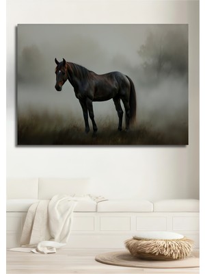 Sisli Ormanda At Yağlı Boya Görünümlü Dekoratif Ahşap Ev/işyeri/ofis Kare Tablo