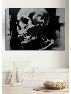 Siyah Beyaz Grunge Kafatası Yağlı Boya Görünümlü Dekoratif Ahşap Ev/işyeri/ofis Kare Tablo