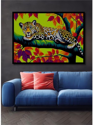 Çerçeve Görünümlü Tropikal Leopar Rüyası Yağlı Boya Görünümlü Dekoratif Ahşap Ofis Kare Tablo