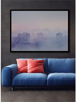 Çerçeve Görünümlü Sisli Şehir Sulu Boya Görünümlü Dekoratif Ahşap Ev/işyeri/ofis Kare Tablo