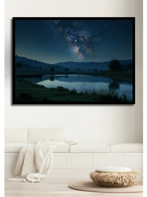 Çerçeve Görünümlü Yıldızlar Altında Göl Manzarası Dekoratif Ahşap Ev/işyeri/ofis Kare Tablo