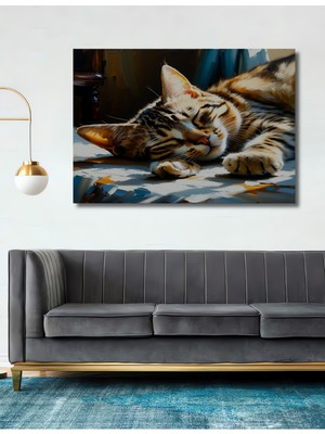 Uykucu Bengal Kedisi Yağlı Boya Görünümlü Dekoratif Ahşap Ev/işyeri/ofis Kare Tablo