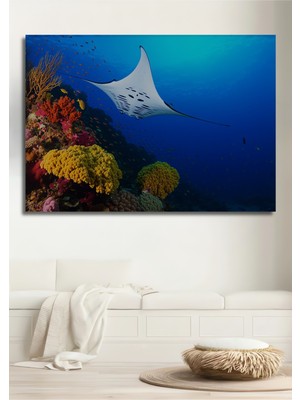 Deniz Dünyası Manta Vatozu Yağlı Boya Görünümlü Dekoratif Ahşap Ev/işyeri/ofis Kare Tablo