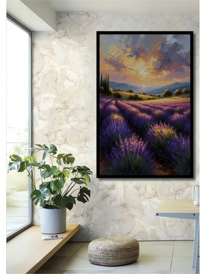 Çerçeve Görünümlü Yağlı Boya Görünümlü Lavanta Tarlası Manzarası Dekoratif Ahşap Ofis Kare Tablo