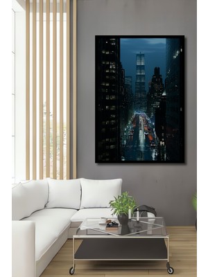 Çerçeve Görünümlü Gökyüzü Delen Gökdelenler Yağlı Boya Görünümlü Dekoratif Ahşap Ofis Kare Tablo