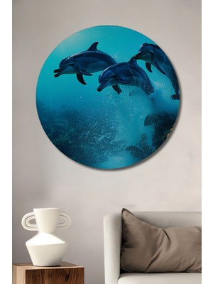 Denizaltı Dünyası Yunuslar Yağlı Boya Görünümlü Dekoratif Ahşap Ev/işyeri/ofis Yuvarlak Tablo